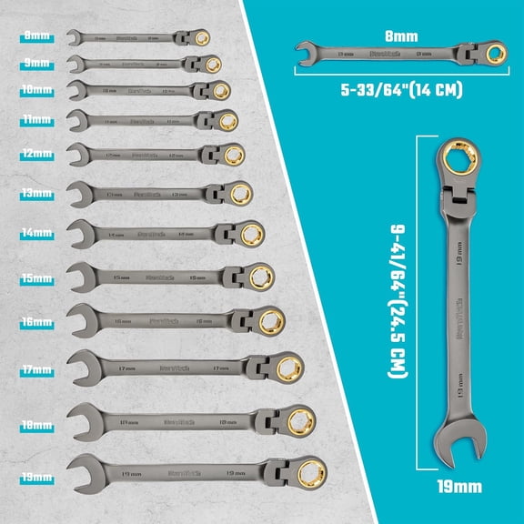 Anti-Slip Flex-Head Ratcheting Wrench Set, 12-Piece, Metric, 8-19 mm