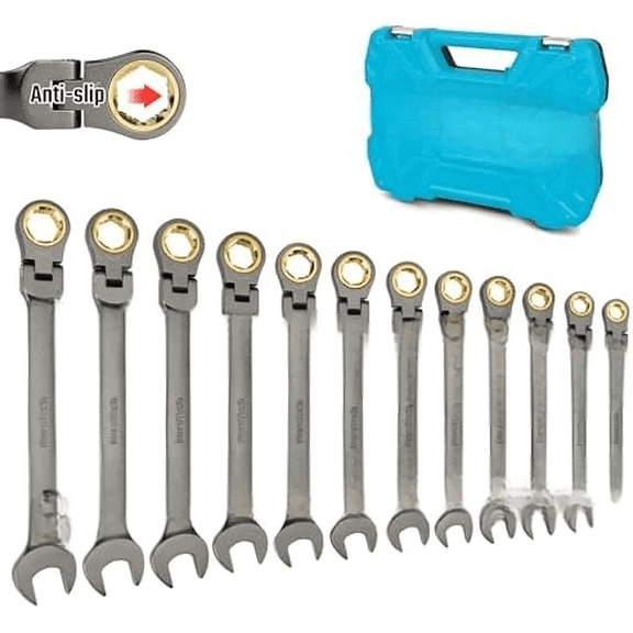 Anti-Slip Flex-Head Ratcheting Wrench Set, Combination Wrench Set, 12-Piece, 72-Tooth, Metric, 8-19 mm, CR-V Steel, Organized in Storage Case$$Tools & Hardware Other