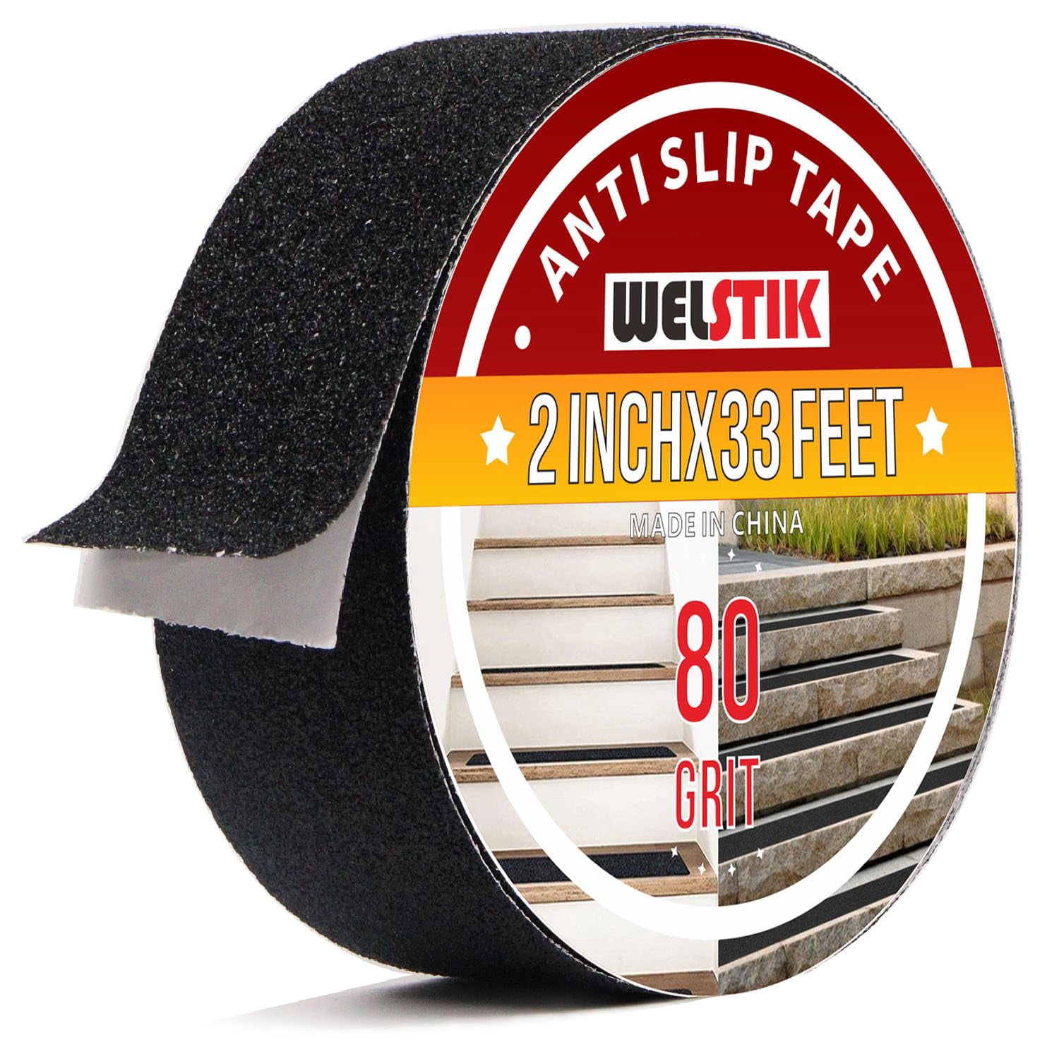 Anti Slip Grip Tape 2 Inch - Heavy Duty Non Skid Tape High Traction 80 Grit Non Slip for Waterproof Stairs Non Skid Treads, Indoor, Outdoor (Black, 2" X 33')