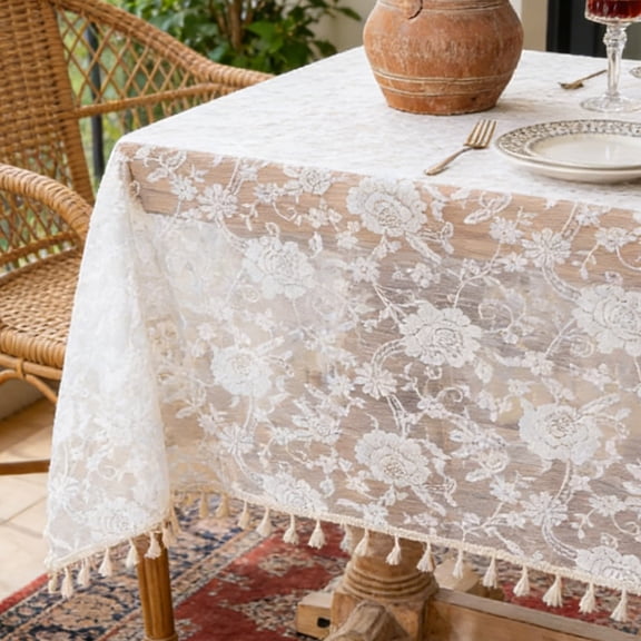 White Sheer Lace Tablecloth with Tassels, Rectangular 55×102 Inch, Rose Embroidered French Vintage Table Cover, Rustic Dining Decor for Wedding, Party & Photo Backdrop