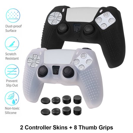 Anti-Slip PS5 Controller Cover Skin, Soft Silicone Protective Case for Playstation 5 DualSense Wireless Controller, 2 Pack with 8 x Thumb Caps-White+Black
