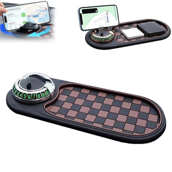 Anti-Slip Phone Holder Storage Mat,Multifunction Car Anti-Slip Mat, 360° Rotatable Phone Holder Dashboard Pad with Temporary Parking Number, For Phones Sunglasses Keys (Brown)