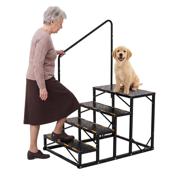 Anti-Slip RV Steps with Handrail, Heavy-Duty Metal Portable RV Stairs for Travel Trailer/Mobile Home - Outdoor Entry Steps, Removable Single Handrail - Single Armrest 4-Step
