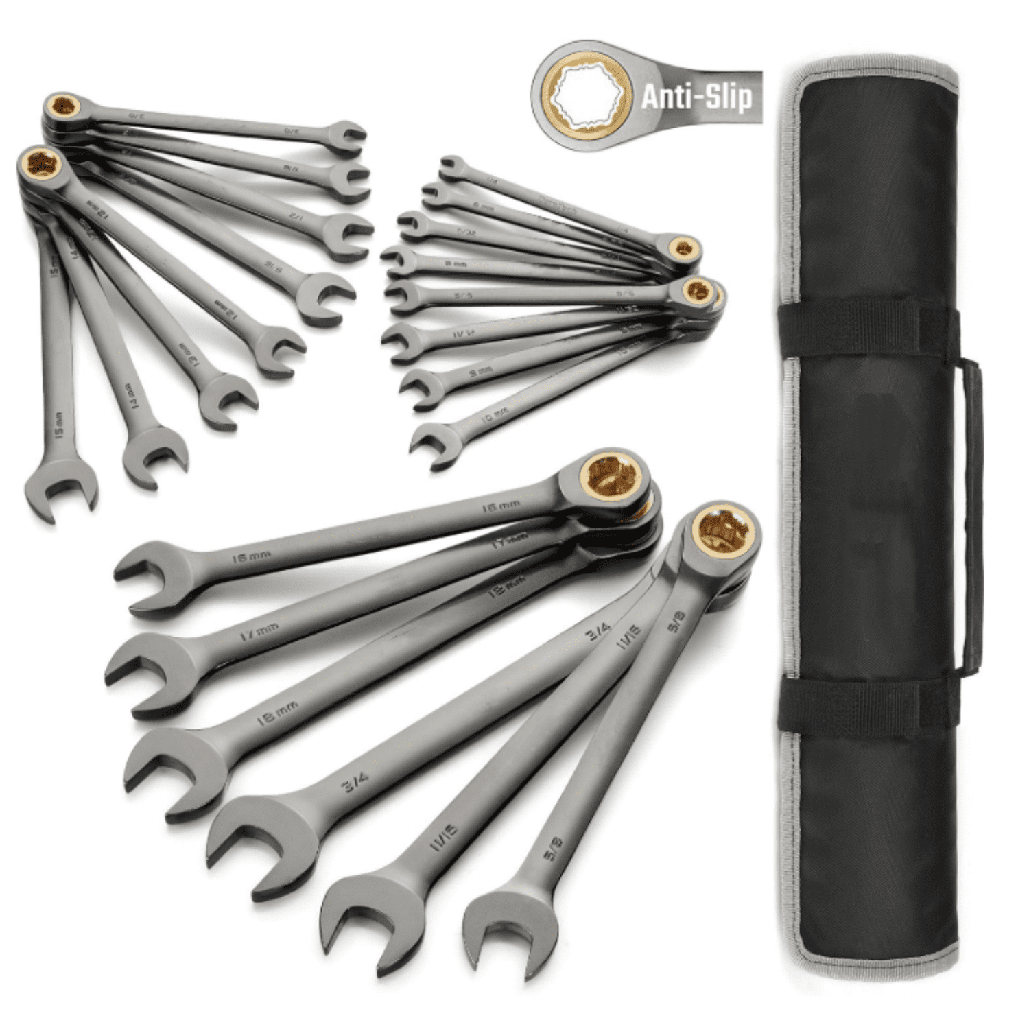 Anti-Slip Ratcheting Wrench Set, Combination Wrench Set, 22-piece, Metric & SAE, 1/4" to 3/4" & 6-18mm, 72-Tooth, CR-V Steel, Nickel Plating, with Pouch