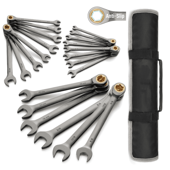 Anti-Slip Ratcheting Wrench Set, Combination Wrench Set, 22-piece, Metric & SAE, 1/4" to 3/4" & 6-18mm, 72-Tooth, CR-V Steel, Nickel Plating, with Pouch