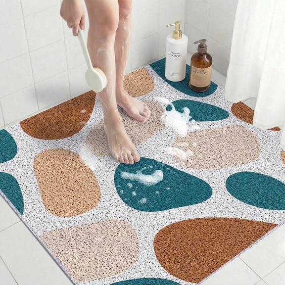 Anti Slip Shower Mat 31 X 31 Inch Square Soft Pvc Loofah Bath Foride Stall Extra Large Trimmable Floor Non Home Hotel Bathroom Easy Ton Khaki Stone