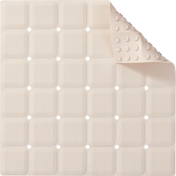 Anti Slip Shower Mat for Tub & Shower Stall, 21" x 21" Square Silicone Bathtub Mat with Powerful Suction Cups, Fast-Draining, Machine Washable Soft Foldable Bathroom Mat, Beige