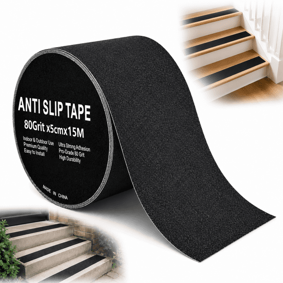 Anti Slip Tape for Stairs, 5cm x 15m 80 Grit Aluminum Oxide Heavy Duty Grip Tape, Waterproof Non Skid Safety Tread for Outdoor and Indoor Steps, Black