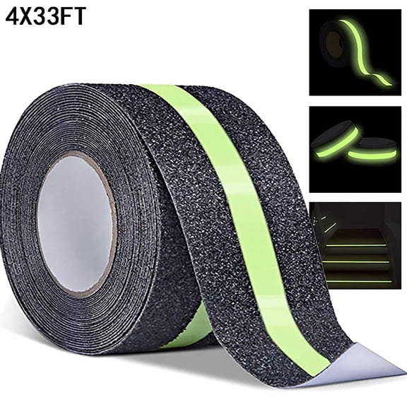 Anti Slip Tape with Glow in The Dark Strips 4 Inch x 33 Feet- Best Grip, Friction for Stairs, Tread Step, Black