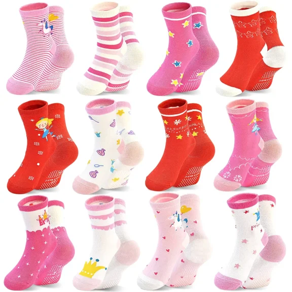 Anti Slip Toddler Socks Girls Cartoon Crew Non-Slip Socks With Grips For 6-12 Month Infant Baby 1-7 Years Kids