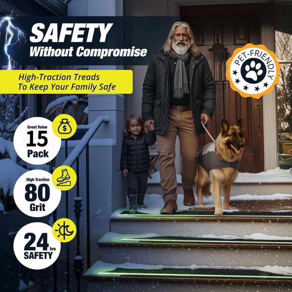 Non Slip Outdoor Stair Treads 80 Gritz, Adhesive Grip Tape, Glow in Dark, Peel and Stick Stair Treads, 6" x 32", 15 Pack