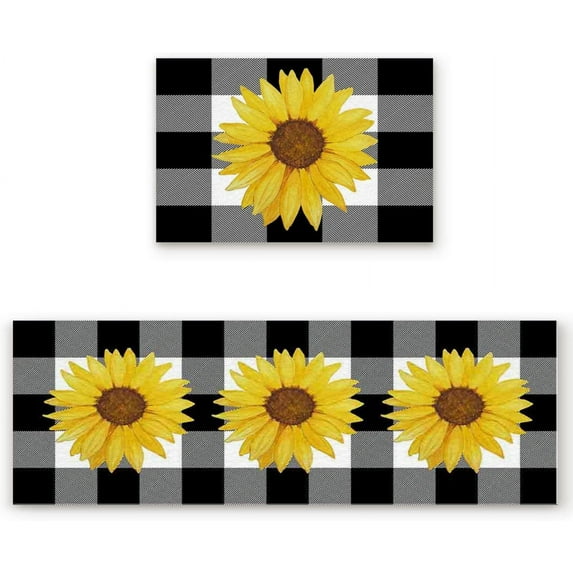 Anti Slippery Kitchen Mat Sets 2 Pieces-Farm Sunflower Buffalo Plaid Black and White Decorative Modern Style Kitchen Rugs for Indoor Outdoor Entrance