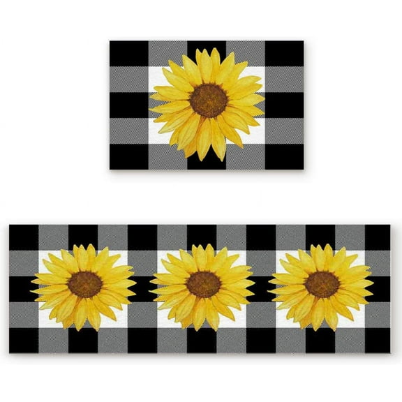 Anti Slippery Kitchen Mat Sets 2 Pieces-Farm Sunflower Buffalo Plaid Black and White Decorative Modern Style Kitchen Rugs for Indoor Outdoor Entrance