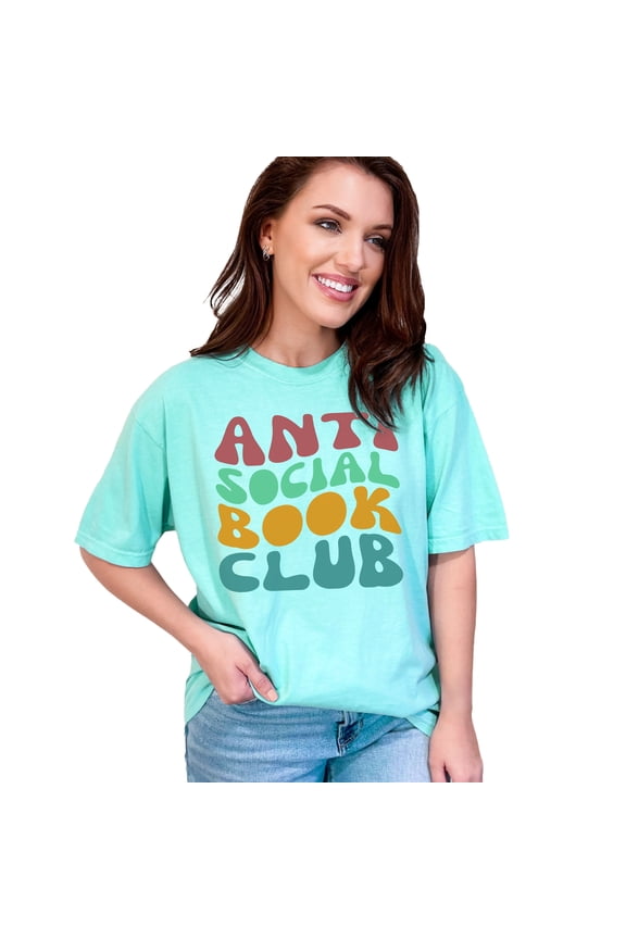 Anti Social Book Club, Introvert Avid Book Readers or Lovers Quote, Groovy Retro Wavy Text , Chalky Mint Comfort Colors T-Shirt, Large