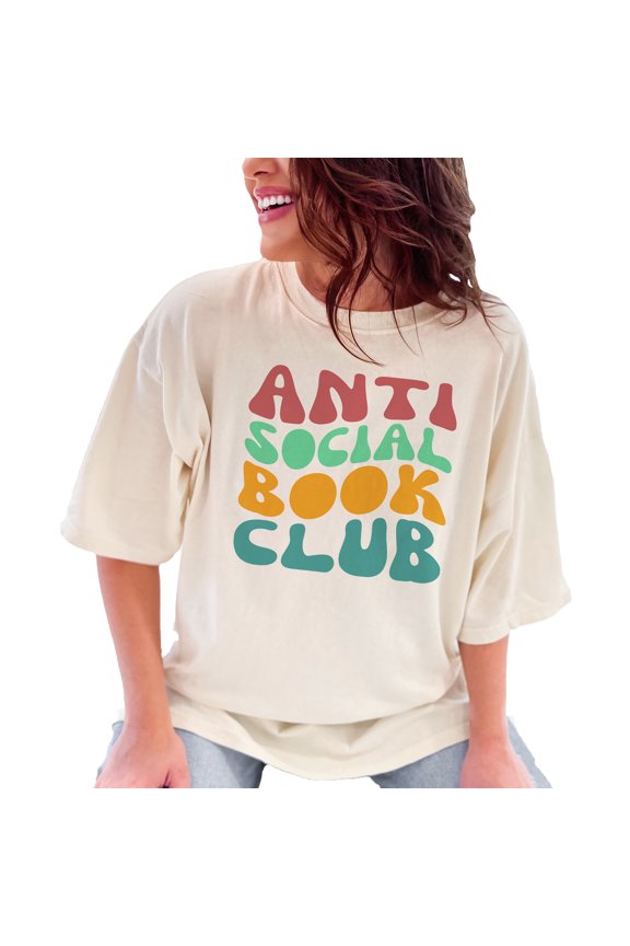 Anti Social Book Club, Introvert Avid Book Readers or Lovers Quote, Groovy Retro Wavy Text , Ivory Comfort Colors T-Shirt, Large