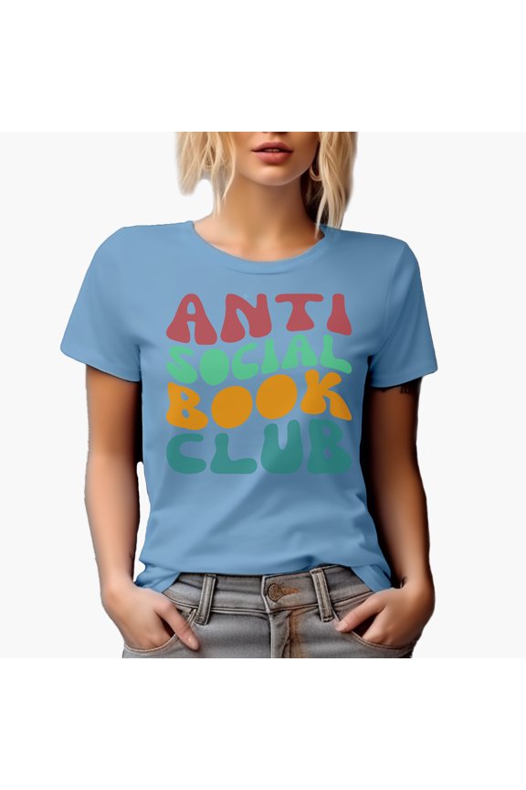 Anti Social Book Club, Introvert Avid Book Readers or Lovers Quote, Groovy Retro Wavy Text Merch Gift, Baby Blue T-Shirt, Large