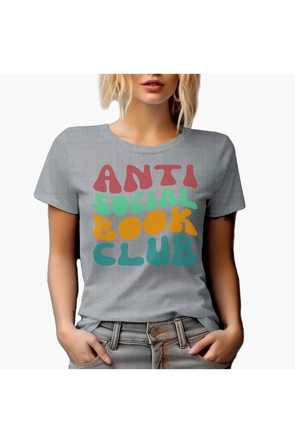 Anti Social Book Club, Introvert Avid Book Readers or Lovers Quote, Groovy Retro Wavy Text Merch Gift, Heather Grey T-Shirt, Small