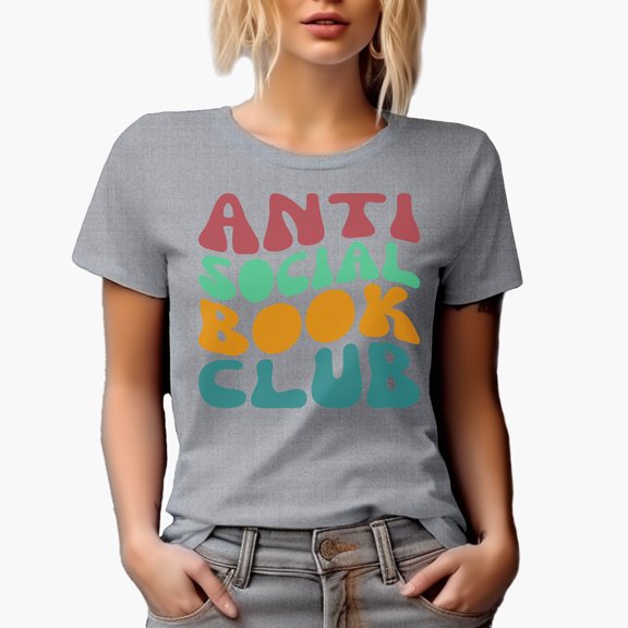Anti Social Book Club, Introvert Avid Book Readers or Lovers Quote, Groovy Retro Wavy Text Merch Gift, Heather Grey T-Shirt, Small