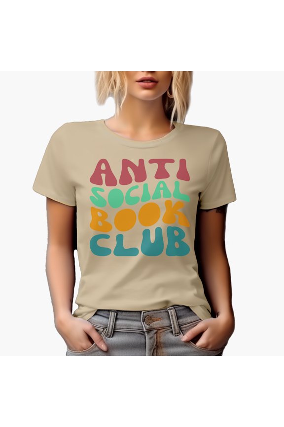 Anti Social Book Club, Introvert Avid Book Readers or Lovers Quote, Groovy Retro Wavy Text Merch Gift, Tan T-Shirt, XL