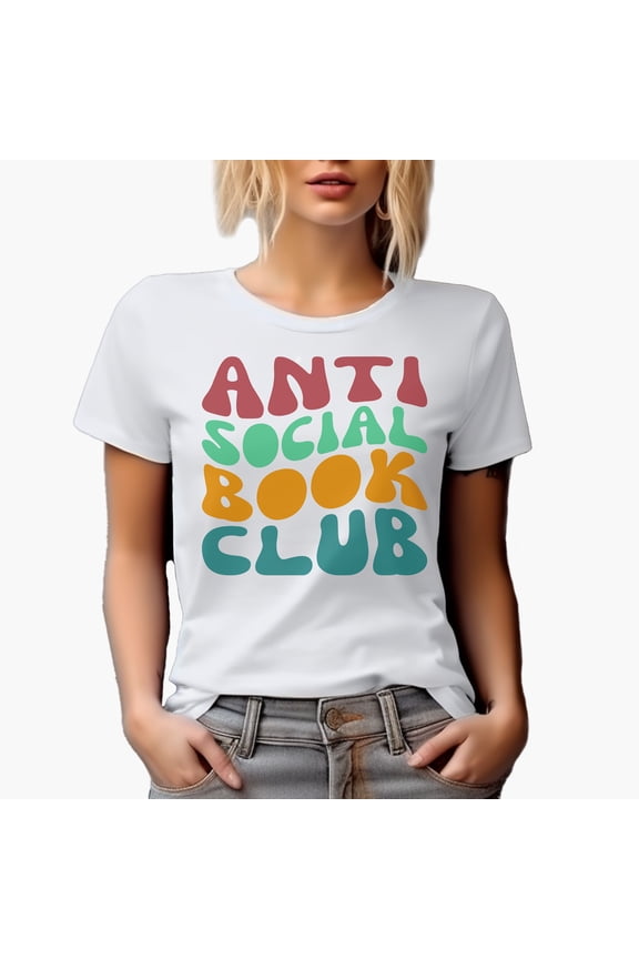 Anti Social Book Club, Introvert Avid Book Readers or Lovers Quote, Groovy Retro Wavy Text Merch Gift, White T-Shirt, Medium