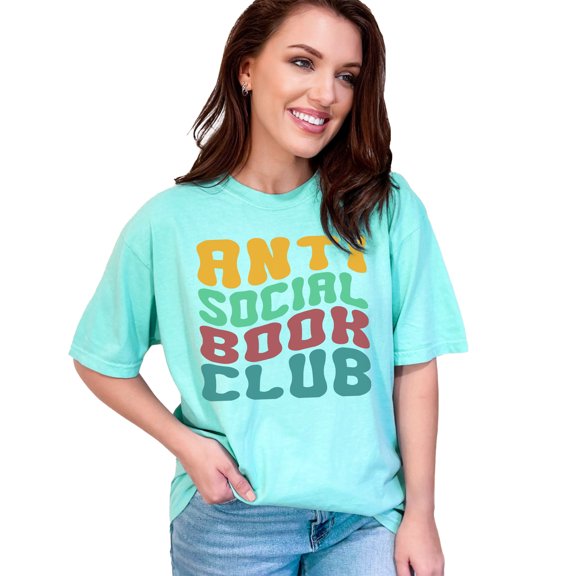 Anti Social Book Club, Introvert Avid Readers or Book Lovers Quote, Groovy Retro Wavy Text , Chalky Mint Comfort Colors T-Shirt, 2XL