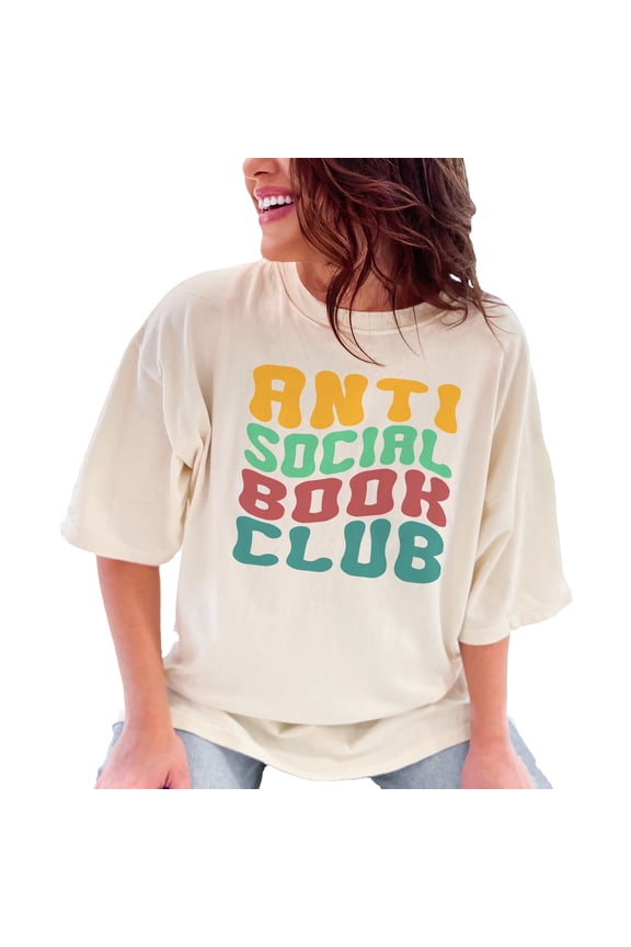 Anti Social Book Club, Introvert Avid Readers or Book Lovers Quote, Groovy Retro Wavy Text , Ivory Comfort Colors T-Shirt, Medium