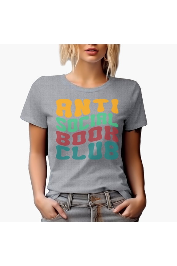 Anti Social Book Club, Introvert Avid Readers or Book Lovers Quote, Groovy Retro Wavy Text Merch Gift, Heather Grey T-Shirt, Small