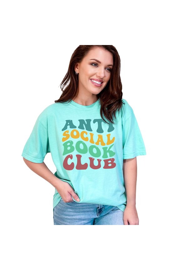 Anti Social Book Club, Introvert Book Lovers or Avid Readers Quote, Groovy Retro Wavy Text , Chalky Mint Comfort Colors T-Shirt, Large