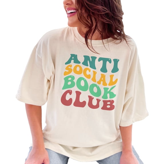 Anti Social Book Club, Introvert Book Lovers or Avid Readers Quote, Groovy Retro Wavy Text , Ivory Comfort Colors T-Shirt, Large
