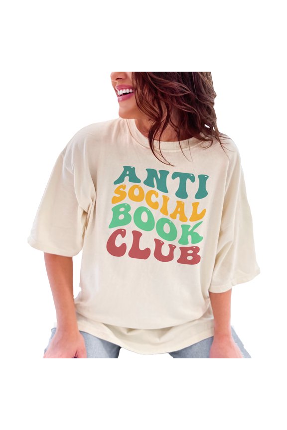 Anti Social Book Club, Introvert Book Lovers or Avid Readers Quote, Groovy Retro Wavy Text , Ivory Comfort Colors T-Shirt, Small