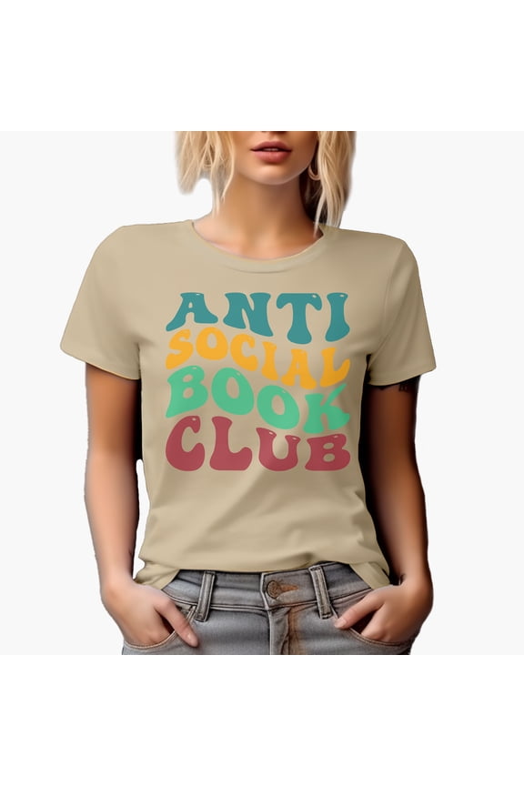 Anti Social Book Club, Introvert Book Lovers or Avid Readers Quote, Groovy Retro Wavy Text Merch Gift, Tan T-Shirt, Large