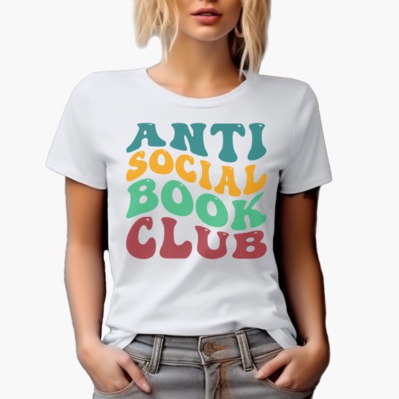Anti Social Book Club, Introvert Book Lovers or Avid Readers Quote, Groovy Retro Wavy Text Merch Gift, White T-Shirt, Medium