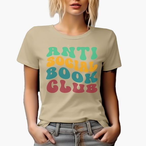 Anti Social Book Club, Introvert Book Readers or Lovers' Group Name, Groovy Retro Wavy Text Merch Gift, Tan T-Shirt, Large