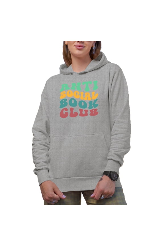 Anti Social Book Club, Introvert Book Readers or Lovers' Group Name, Groovy Retro Wavy Text Merch Gift, Heather Grey Hooded Sweatshirt or Hoodie, Large