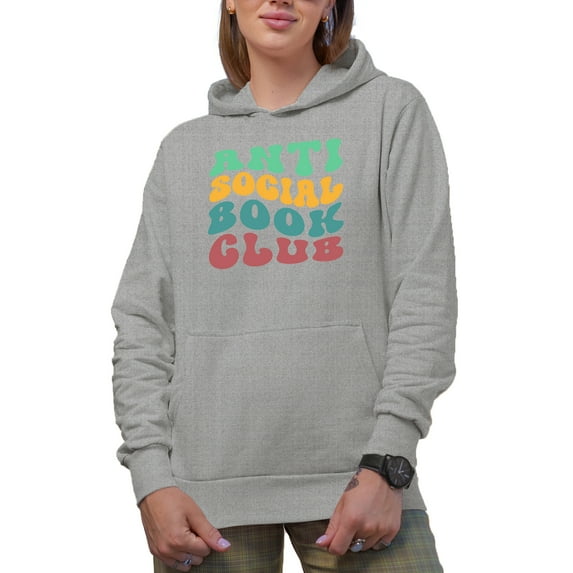 Anti Social Book Club, Introvert Book Readers or Lovers' Group Name, Groovy Retro Wavy Text Merch Gift, Heather Grey Hooded Sweatshirt or Hoodie, Small
