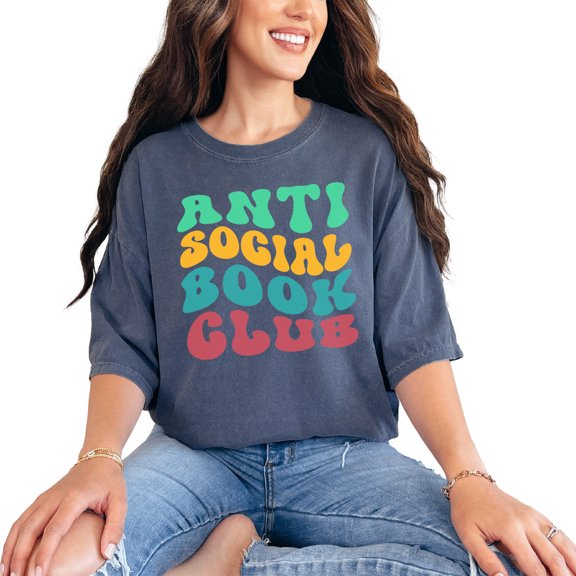 Anti Social Book Club, Introvert Reading Enthusiasts Themed, Groovy Retro Wavy Text, Denim Comfort Colors T-Shirt, Small