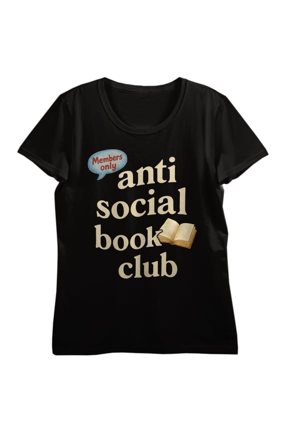 Anti Social Book Club Text, Open Book Graphic, Members Only Text in a Bubble on Black Short Sleeve Adult T-Shirt-XXL