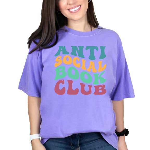 Anti Social Book Club, Reading Enthusiast Introverts, Groovy Retro Wavy Text, Violet Comfort Colors T-Shirt, XL