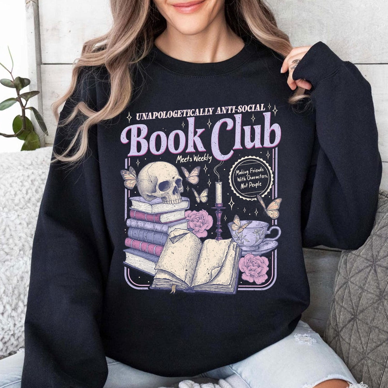 Anti Tea Anti-Social Book Club Skull, Books and Tea Graphic Crewneck Sweatshirt ...