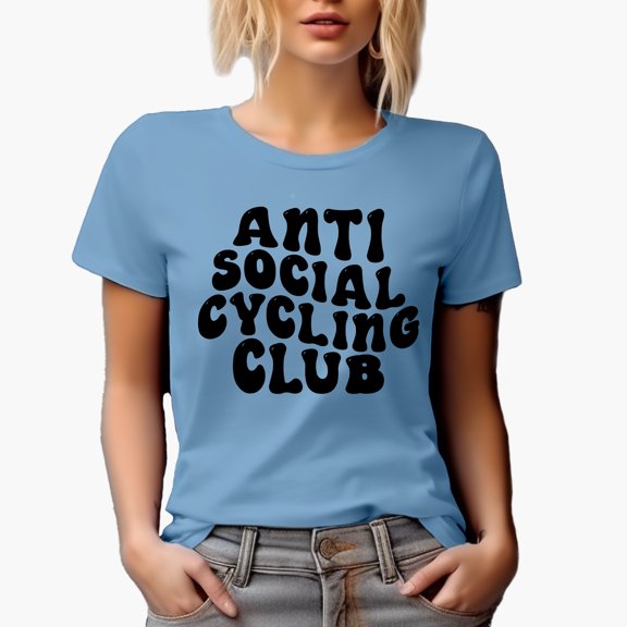 Anti Social Cycling Club, Humorous Introvert Cyclist Group Name, Groovy Retro Wavy Text Merch Gift, Baby Blue T-Shirt, Medium