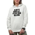 thumbnail image 1 of Anti Social Cycling Club, Humorous Introvert Cyclist Group Name, Groovy Retro Wavy Text Merch Gift, White Hooded Sweatshirt or Hoodie, Small, 1 of 5