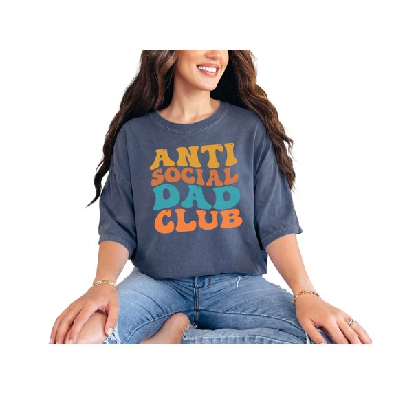 Anti Social Dad Club, Group of Introvert Fathers, Groovy Retro Wavy Text, Denim Comfort Colors T-Shirt, Large