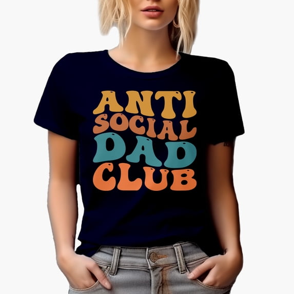 Anti Social Dad Club, Group of Introvert Fathers, Groovy Retro Wavy Text Merch Gift, Navy Blue T-Shirt, 2XL