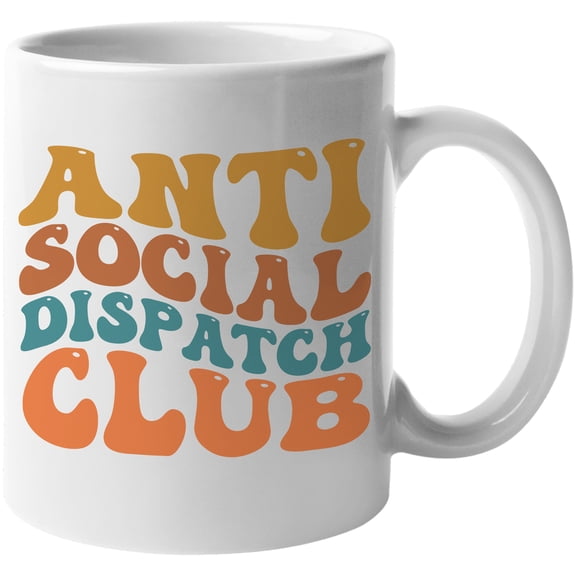 Anti Social Dispatch Club, Funny Group Name for Introvert Dispatchers, Groovy Retro Wavy Text Merch Gift, White 11oz Ceramic Mug