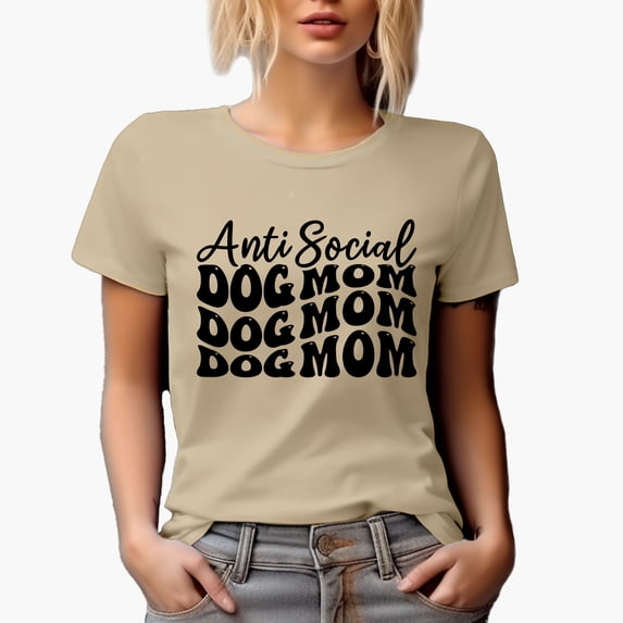 Anti Social Dog Mom, Introvert Pet Mother or Parent, Groovy Retro Wavy Text Merch Gift, Tan T-Shirt, 3XL