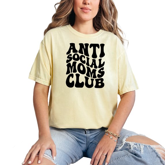 Anti Social Moms Club, Group Name for Introverted Mothers, Groovy Retro Wavy Text, Butter Comfort Colors T-Shirt, XL