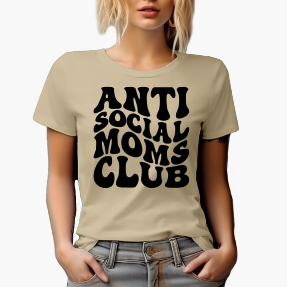 Anti Social Moms Club, Group Name for Introverted Mothers, Groovy Retro Wavy Text Merch Gift, Tan T-Shirt, Small