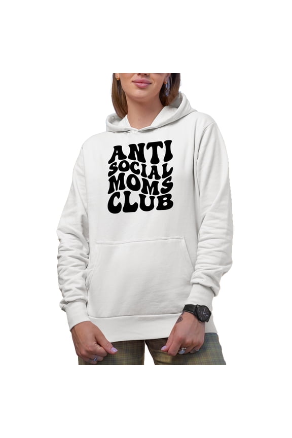 Anti Social Moms Club, Group Name for Introverted Mothers, Groovy Retro Wavy Text Merch Gift, White Hooded Sweatshirt or Hoodie, Small