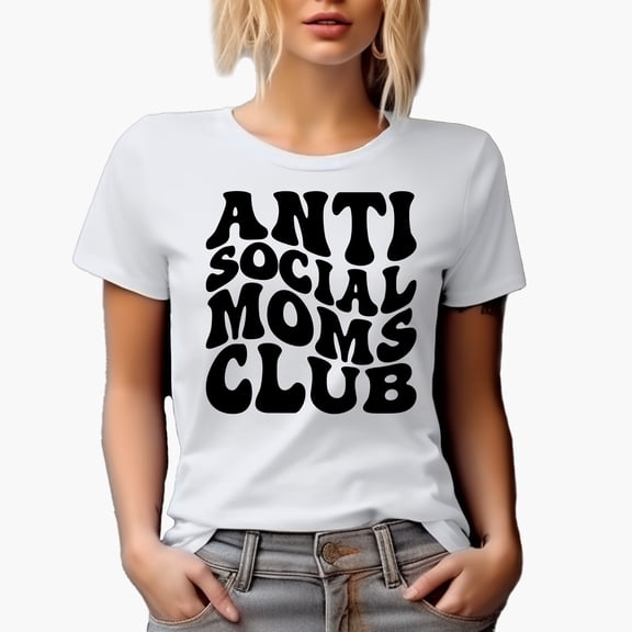 Anti Social Moms Club, Group Name for Introverted Mothers, Groovy Retro Wavy Text Merch Gift, White T-Shirt, Medium