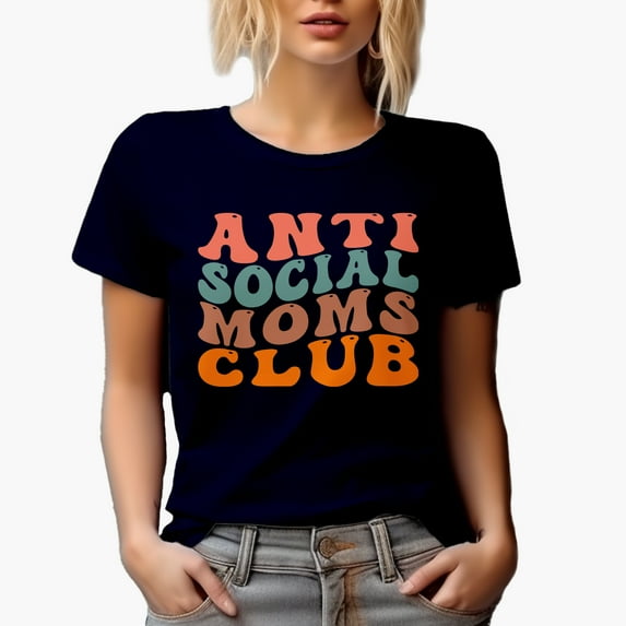 Anti Social Moms Club, Group of Introvert Mothers, Groovy Retro Wavy Text Merch Gift, Navy Blue T-Shirt, 2XL